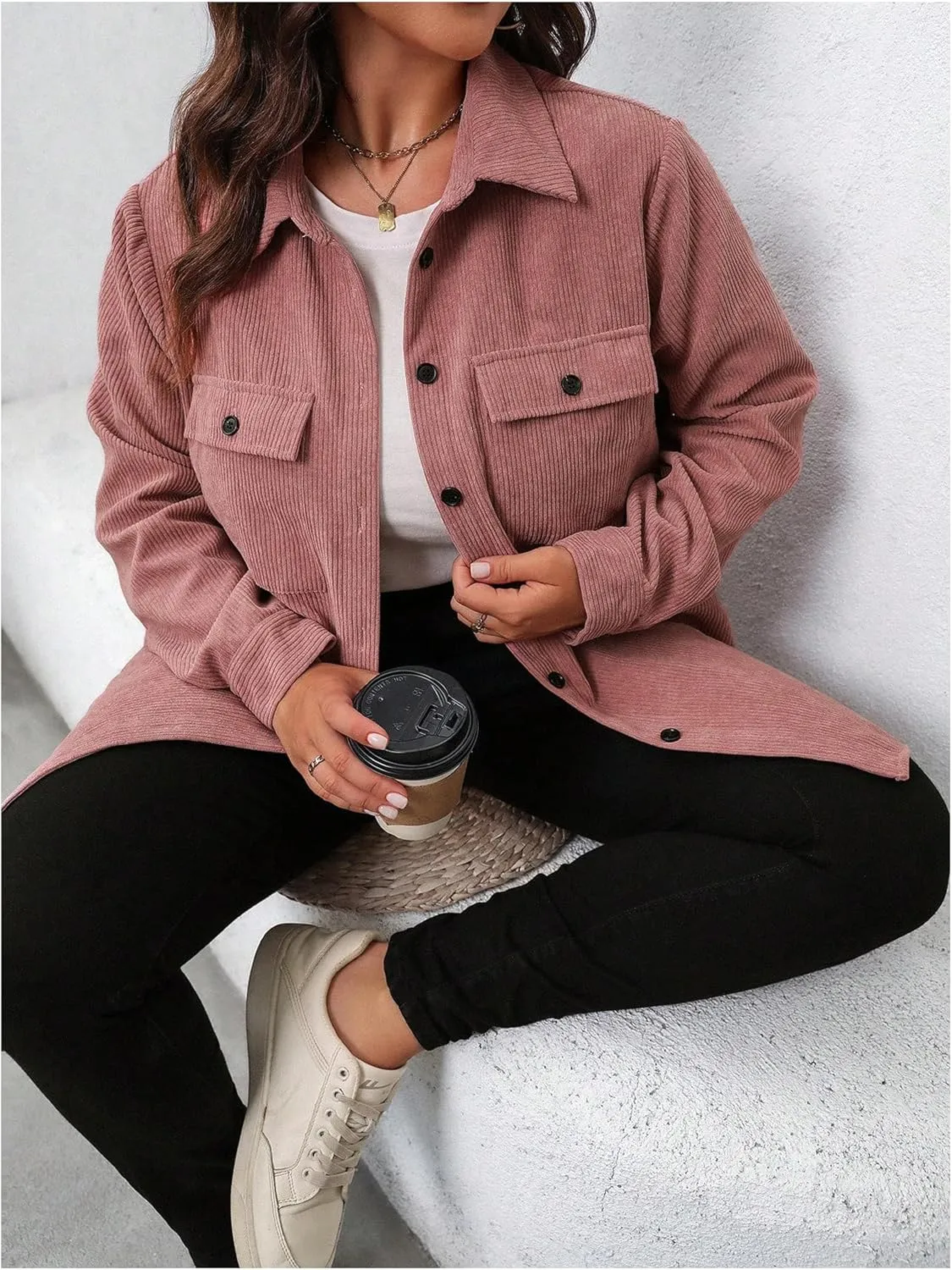 SOLY HUX Women's Plus Size Jacket Button Down Long Sleeve Flap Pocket Shacket Jacket Corduroy Outerwear