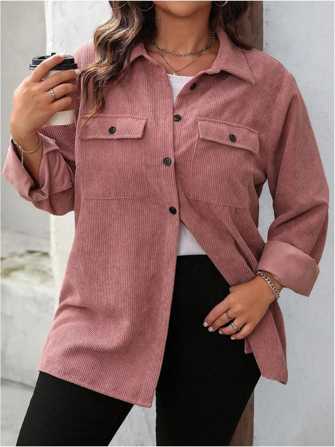 SOLY HUX Women's Plus Size Jacket Button Down Long Sleeve Flap Pocket Shacket Jacket Corduroy Outerwear