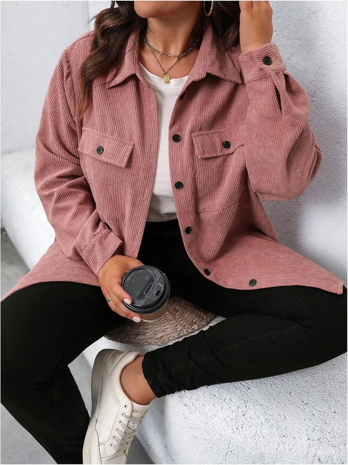 SOLY HUX Women's Plus Size Jacket Button Down Long Sleeve Flap Pocket Shacket Jacket Corduroy Outerwear