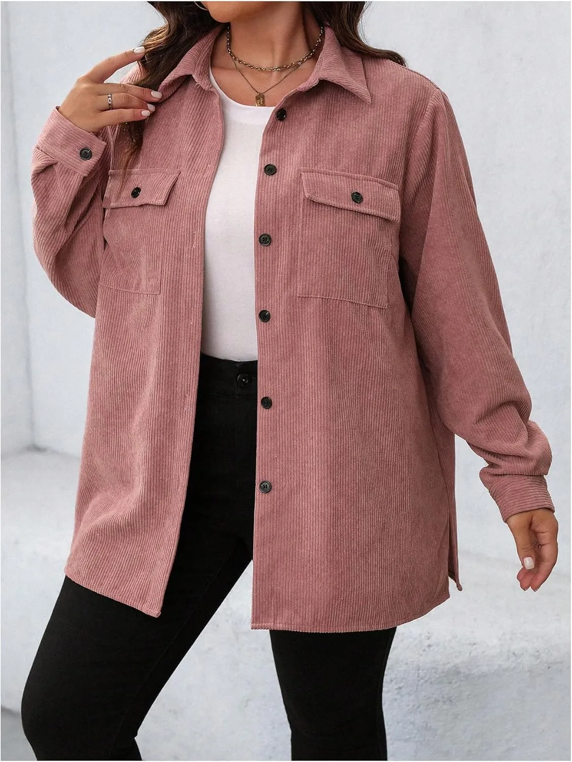 SOLY HUX Women's Plus Size Jacket Button Down Long Sleeve Flap Pocket Shacket Jacket Corduroy Outerwear