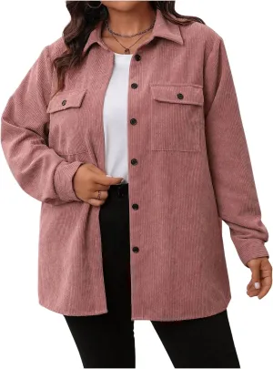 SOLY HUX Women's Plus Size Jacket Button Down Long Sleeve Flap Pocket Shacket Jacket Corduroy Outerwear