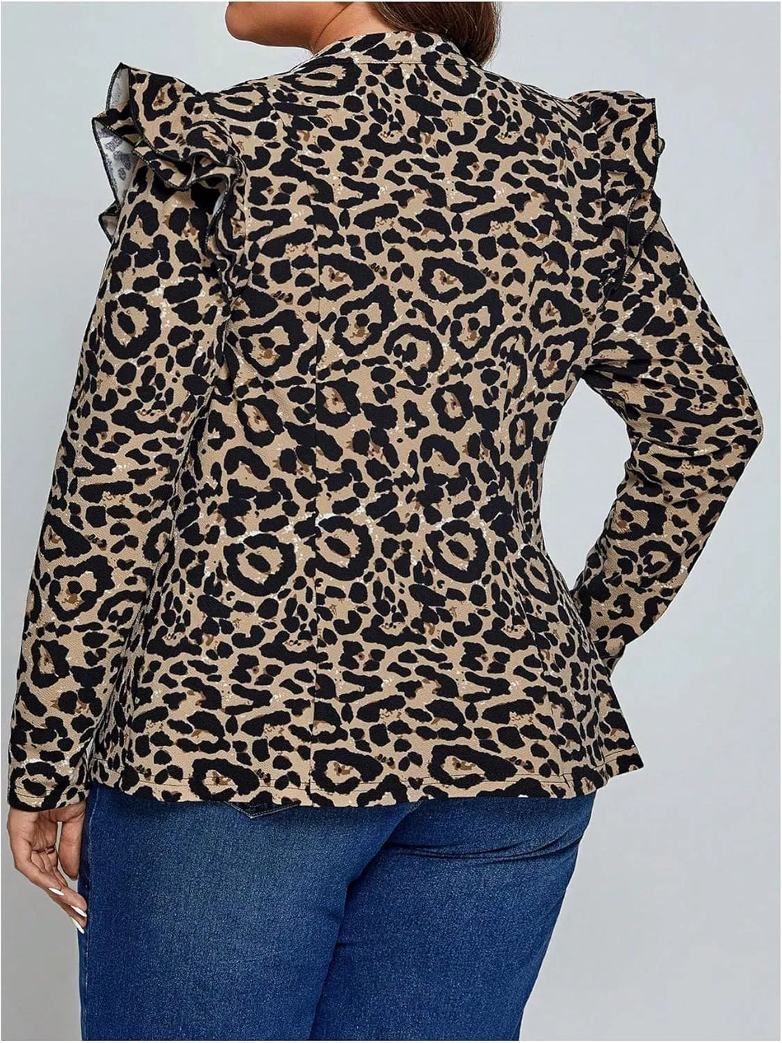 SOLY HUX Women's Plus Size Leopard Print Jacket Zip Up Ruffle Long Sleeve Fall Jacket Outerwear