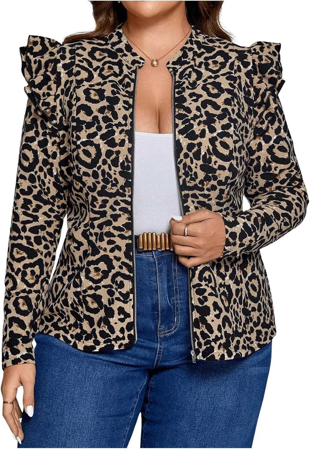 SOLY HUX Women's Plus Size Leopard Print Jacket Zip Up Ruffle Long Sleeve Fall Jacket Outerwear