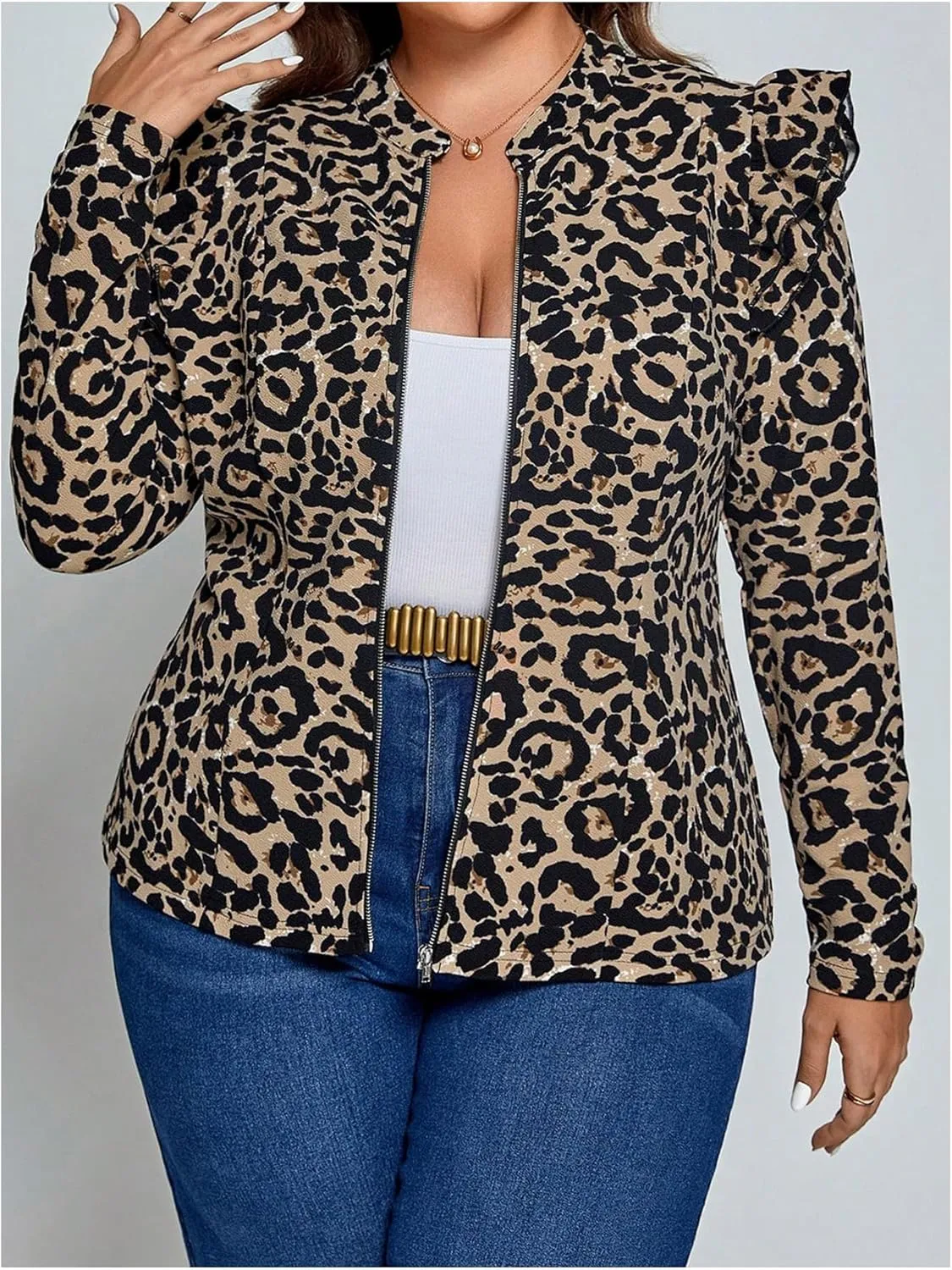 SOLY HUX Women's Plus Size Leopard Print Jacket Zip Up Ruffle Long Sleeve Fall Jacket Outerwear