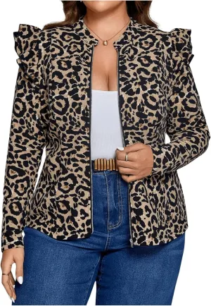 SOLY HUX Women's Plus Size Leopard Print Jacket Zip Up Ruffle Long Sleeve Fall Jacket Outerwear