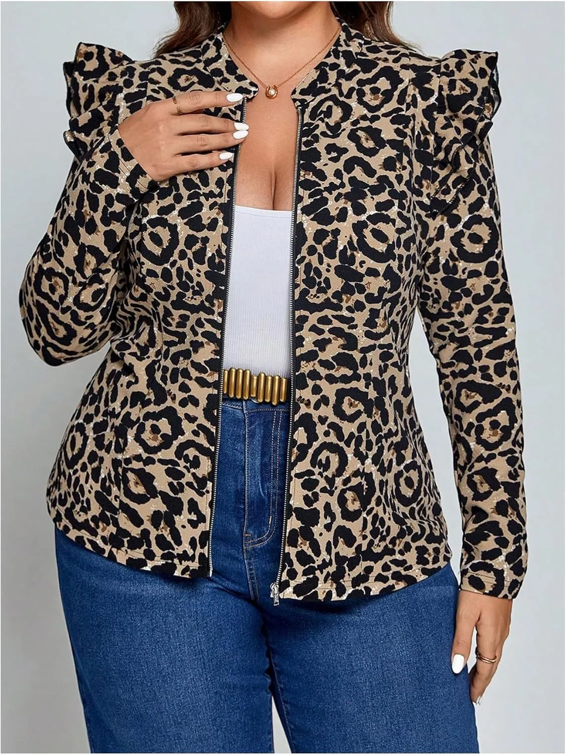 SOLY HUX Women's Plus Size Leopard Print Jacket Zip Up Ruffle Long Sleeve Fall Jacket Outerwear