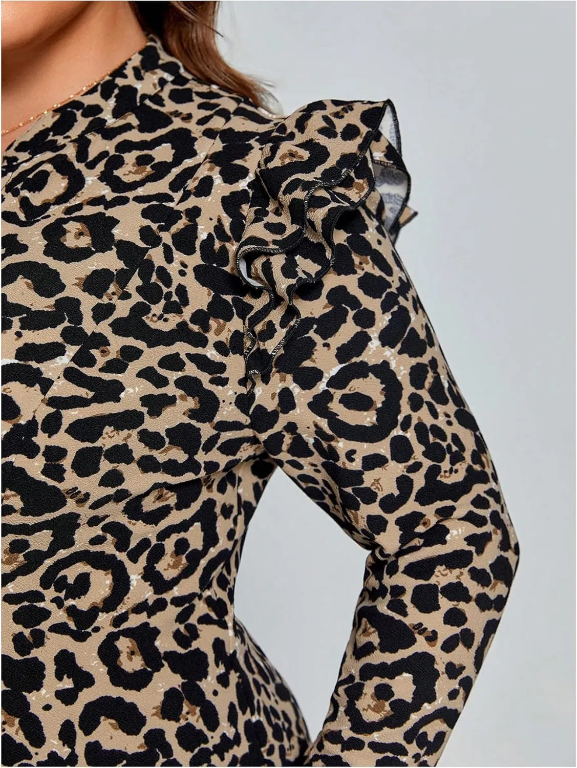 SOLY HUX Women's Plus Size Leopard Print Jacket Zip Up Ruffle Long Sleeve Fall Jacket Outerwear