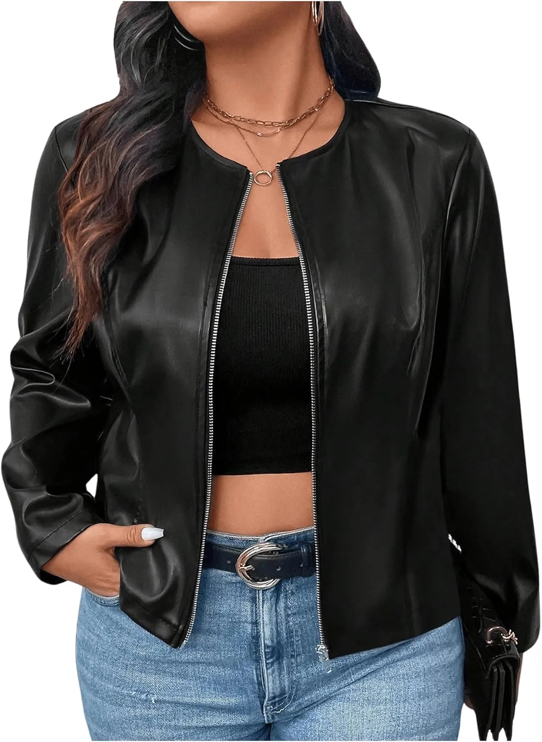 SOLY HUX Women's Plus Size PU Leather Jacket Zip Up Crew Neck Long Sleeve Bomber Jacket Outerwear