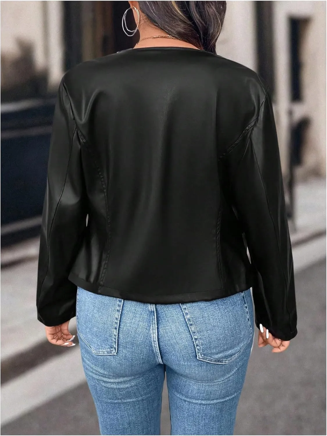 SOLY HUX Women's Plus Size PU Leather Jacket Zip Up Crew Neck Long Sleeve Bomber Jacket Outerwear