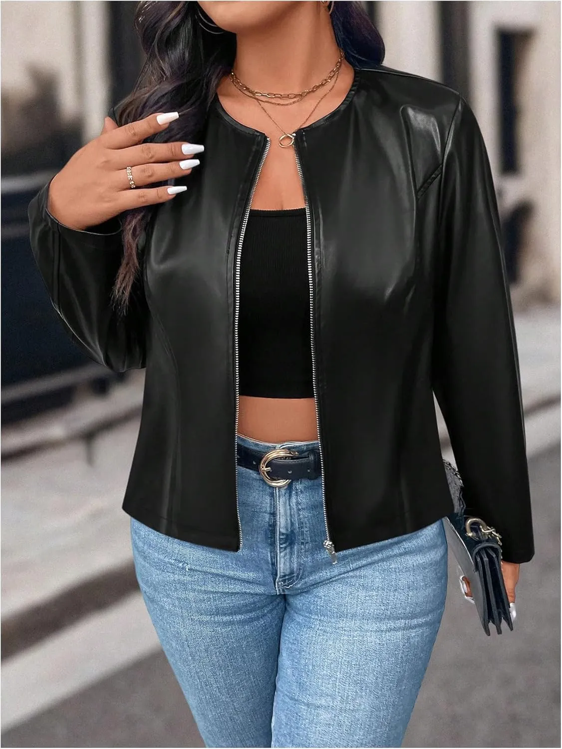 SOLY HUX Women's Plus Size PU Leather Jacket Zip Up Crew Neck Long Sleeve Bomber Jacket Outerwear