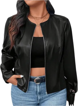 SOLY HUX Women's Plus Size PU Leather Jacket Zip Up Crew Neck Long Sleeve Bomber Jacket Outerwear