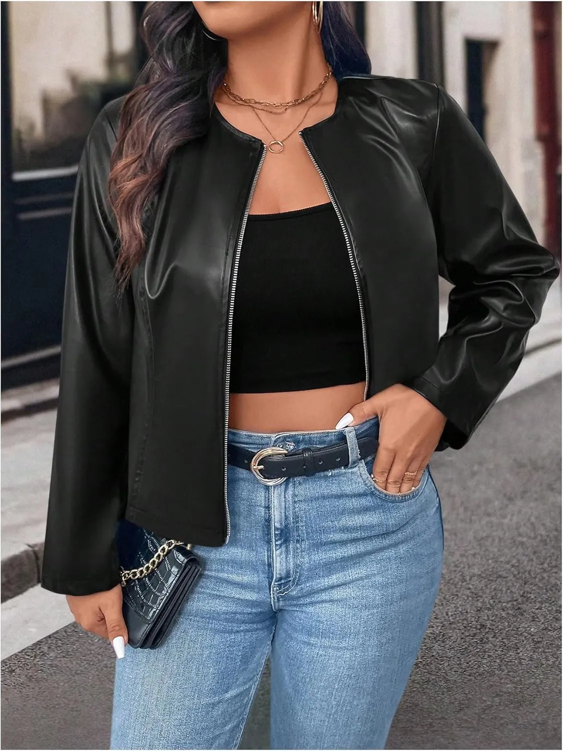 SOLY HUX Women's Plus Size PU Leather Jacket Zip Up Crew Neck Long Sleeve Bomber Jacket Outerwear