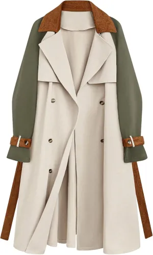 SOLY HUX Women's Plus Size Trench Coat Color Block Double Breasted Belted Overcoat Windbreaker Outerwear