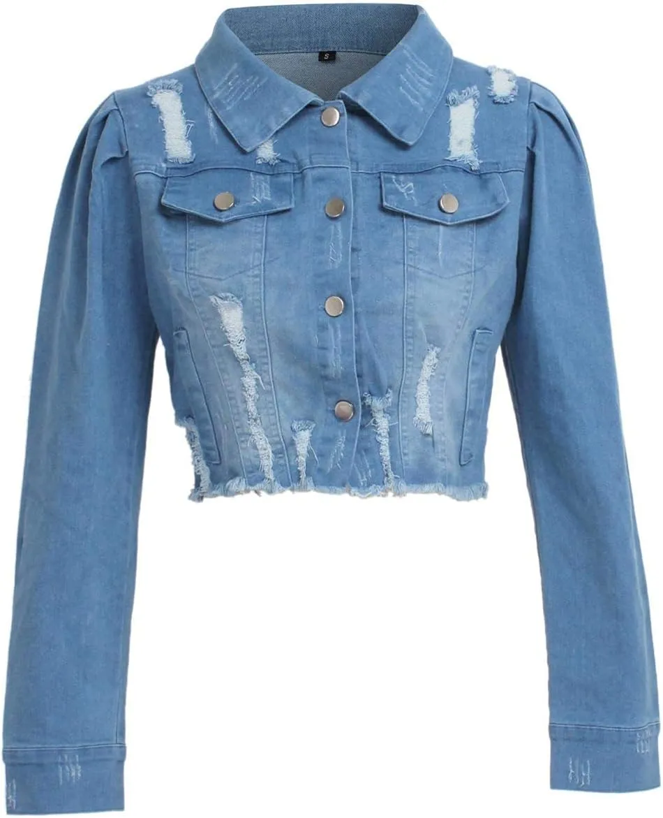 SOMTHRON Women's Cropped Jean Jacket Puff Short Sleeve Button Down Denim Coat Crop Top Outerwear