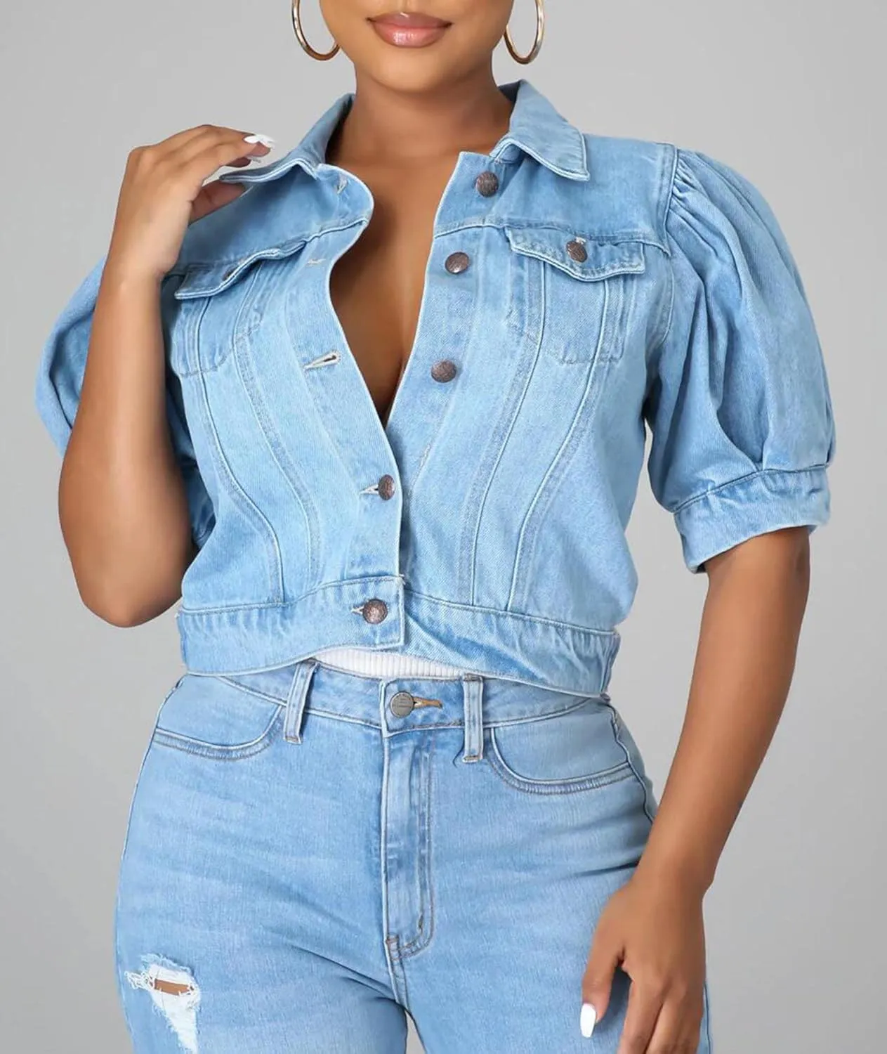 SOMTHRON Women's Cropped Jean Jacket Puff Short Sleeve Button Down Denim Coat Crop Top Outerwear