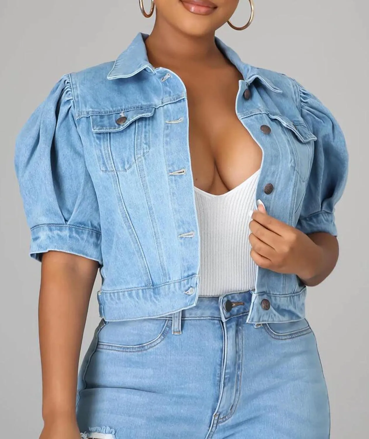 SOMTHRON Women's Cropped Jean Jacket Puff Short Sleeve Button Down Denim Coat Crop Top Outerwear