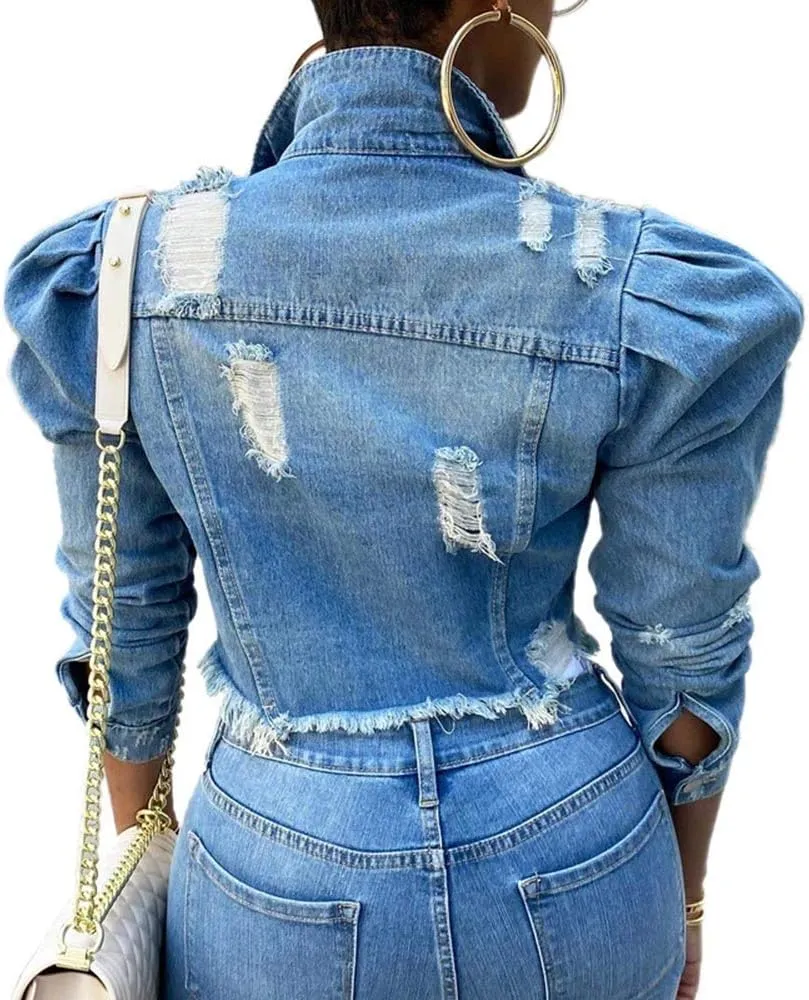 SOMTHRON Women's Cropped Jean Jacket Puff Short Sleeve Button Down Denim Coat Crop Top Outerwear