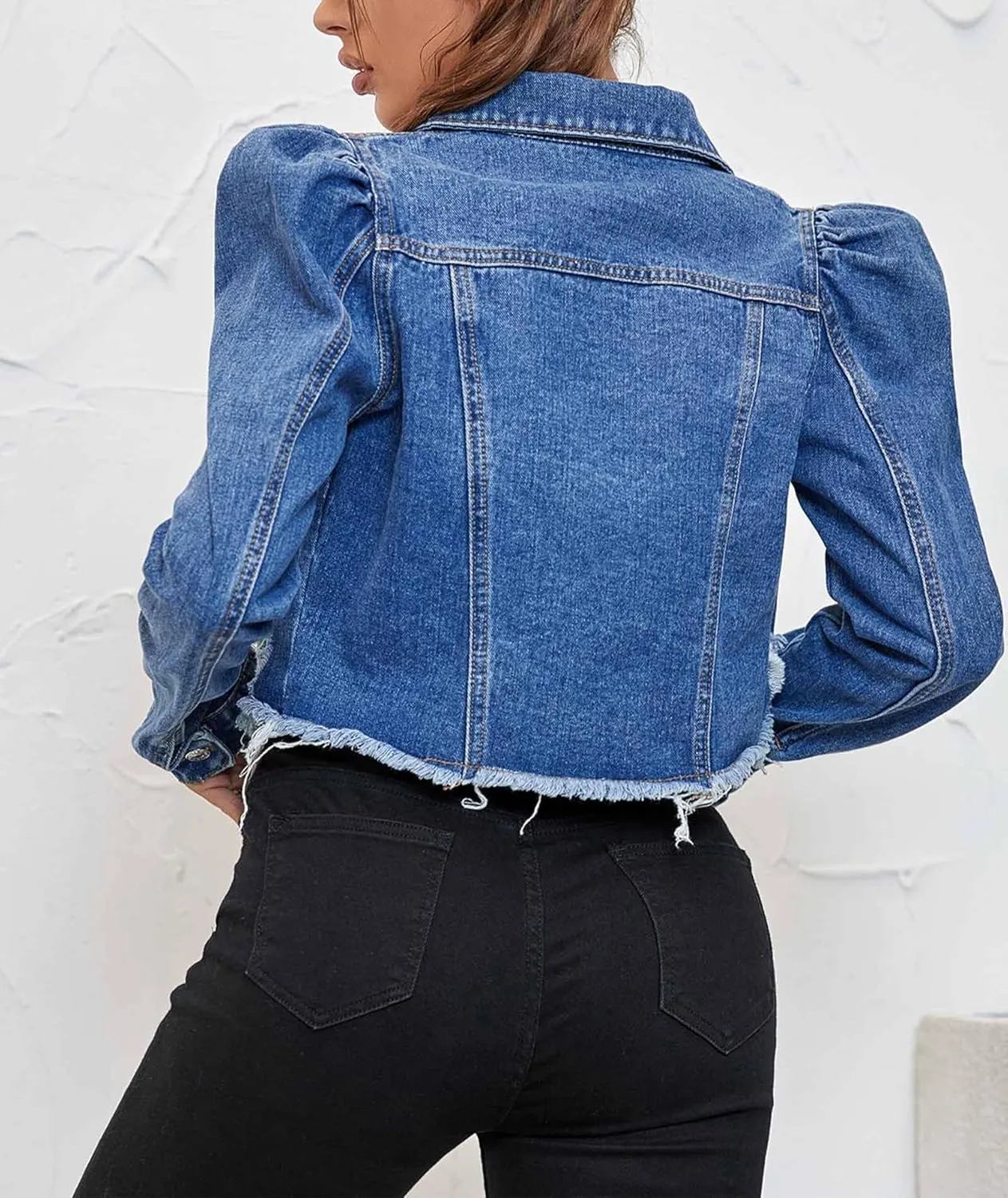 SOMTHRON Women's Cropped Jean Jacket Puff Short Sleeve Button Down Denim Coat Crop Top Outerwear