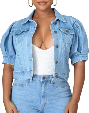 SOMTHRON Women's Cropped Jean Jacket Puff Short Sleeve Button Down Denim Coat Crop Top Outerwear