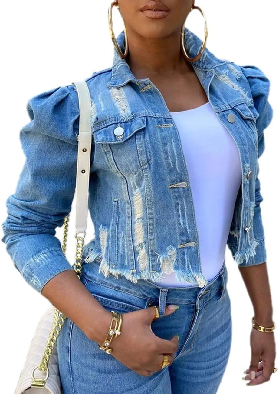 SOMTHRON Women's Cropped Jean Jacket Puff Short Sleeve Button Down Denim Coat Crop Top Outerwear