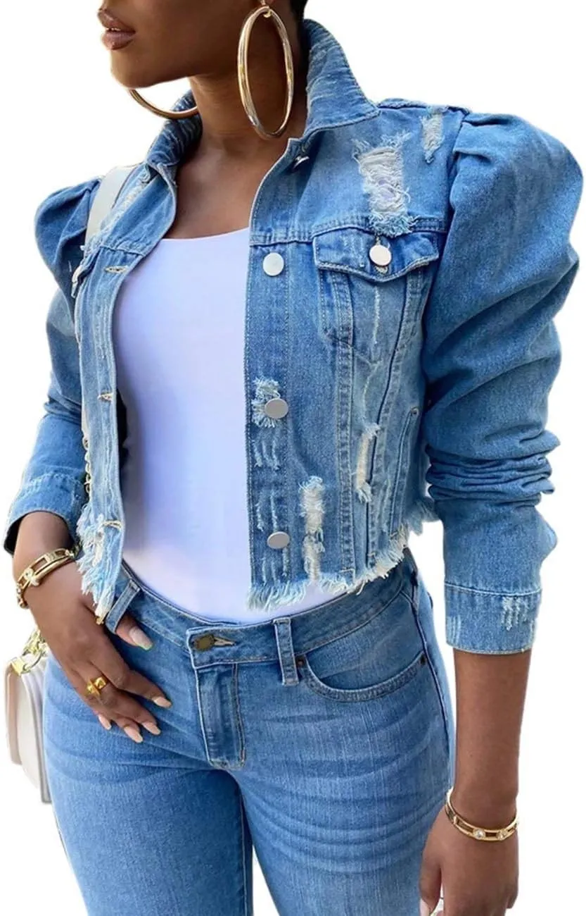 SOMTHRON Women's Cropped Jean Jacket Puff Short Sleeve Button Down Denim Coat Crop Top Outerwear