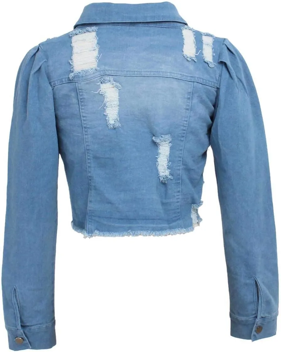 SOMTHRON Women's Cropped Jean Jacket Puff Short Sleeve Button Down Denim Coat Crop Top Outerwear