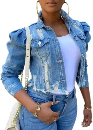 SOMTHRON Women's Cropped Jean Jacket Puff Short Sleeve Button Down Denim Coat Crop Top Outerwear