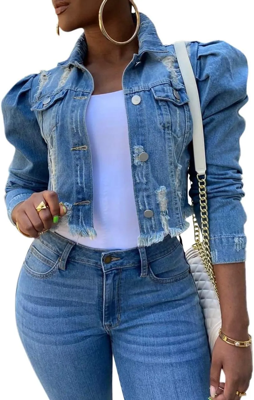 SOMTHRON Women's Cropped Jean Jacket Puff Short Sleeve Button Down Denim Coat Crop Top Outerwear