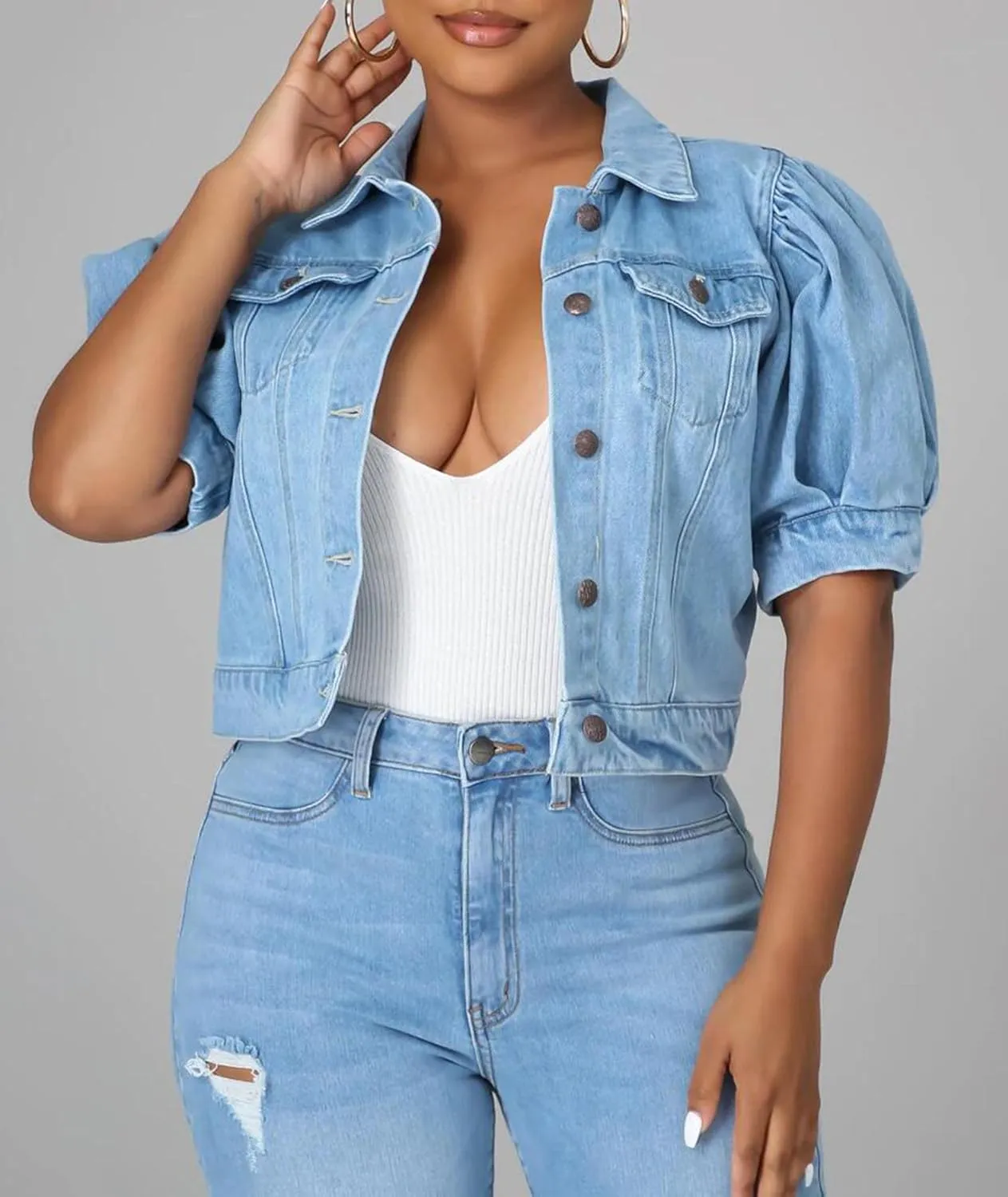 SOMTHRON Women's Cropped Jean Jacket Puff Short Sleeve Button Down Denim Coat Crop Top Outerwear