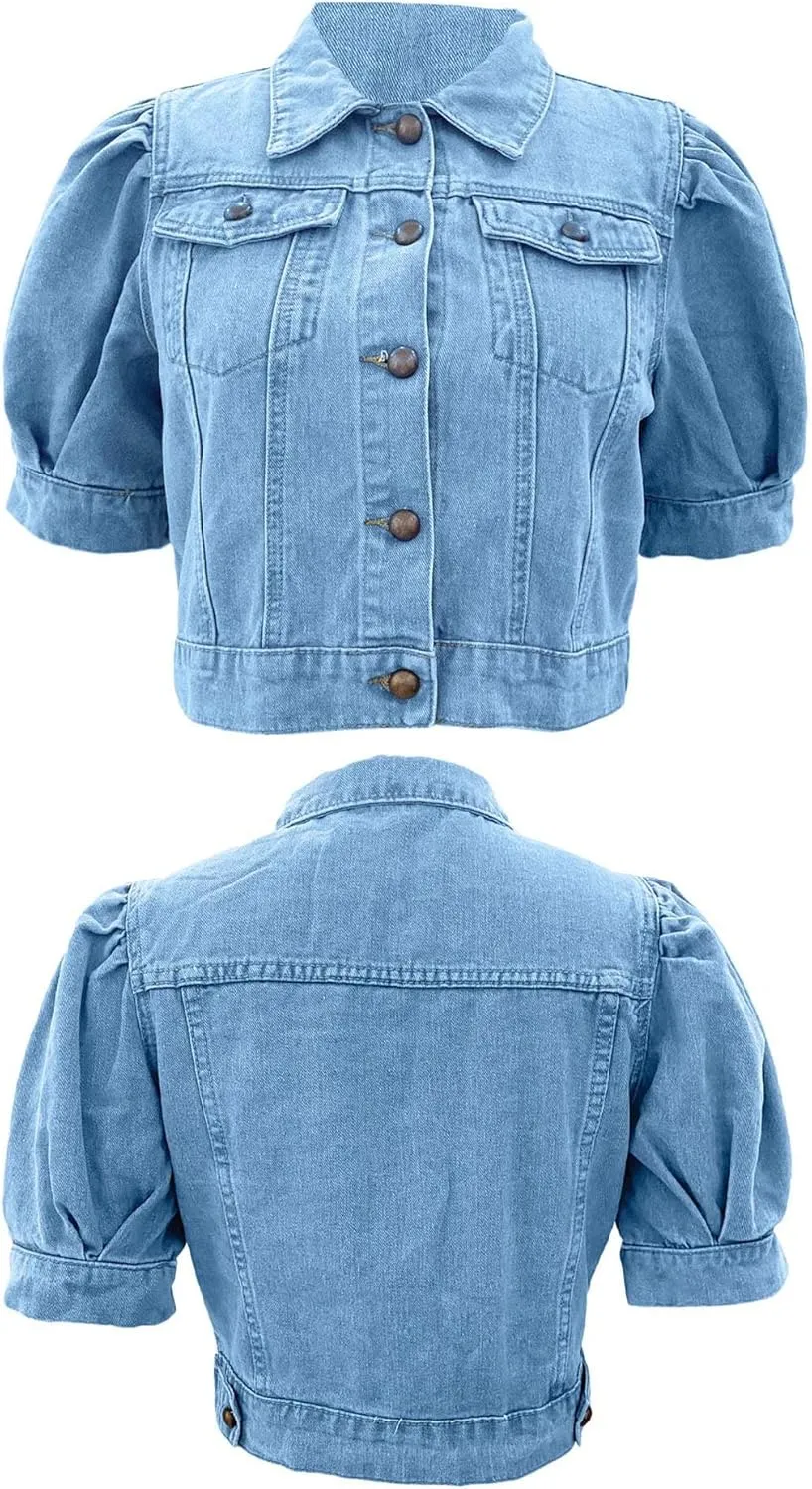 SOMTHRON Women's Cropped Jean Jacket Puff Short Sleeve Button Down Denim Coat Crop Top Outerwear