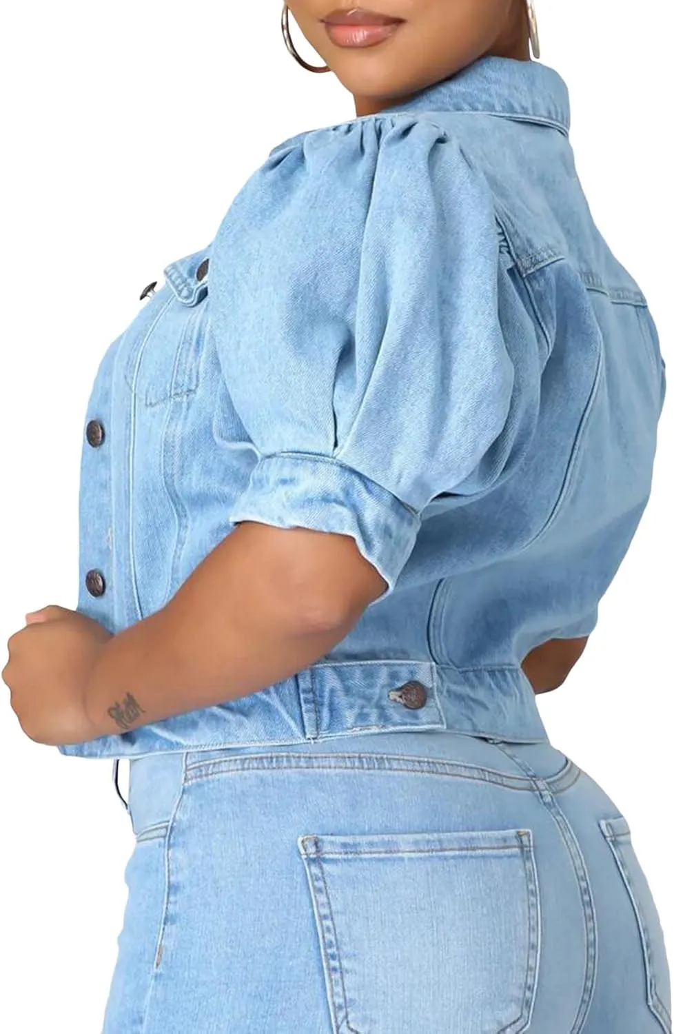 SOMTHRON Women's Cropped Jean Jacket Puff Short Sleeve Button Down Denim Coat Crop Top Outerwear