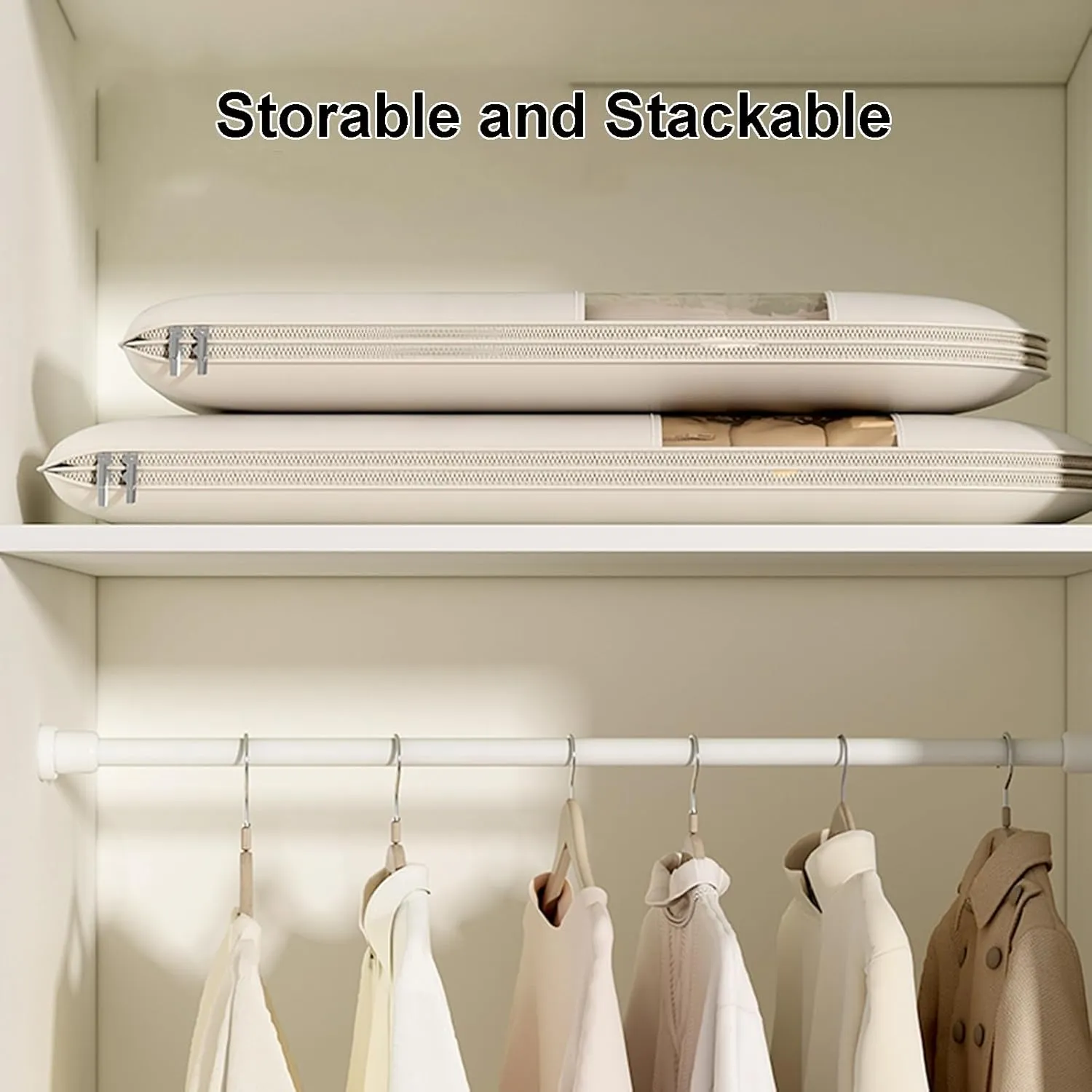 Space Saving Hanging Garment Bag With Self Compression Zipper for Travel And Storage, Compression Storage Bag, Dust-proof Protector Cover Clothes Bags for Down Coat(Beige,110x58x15cm)