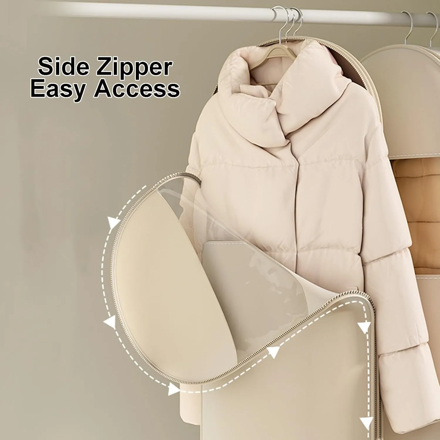 Space Saving Hanging Garment Bag With Self Compression Zipper for Travel And Storage, Compression Storage Bag, Dust-proof Protector Cover Clothes Bags for Down Coat(Beige,110x58x15cm)