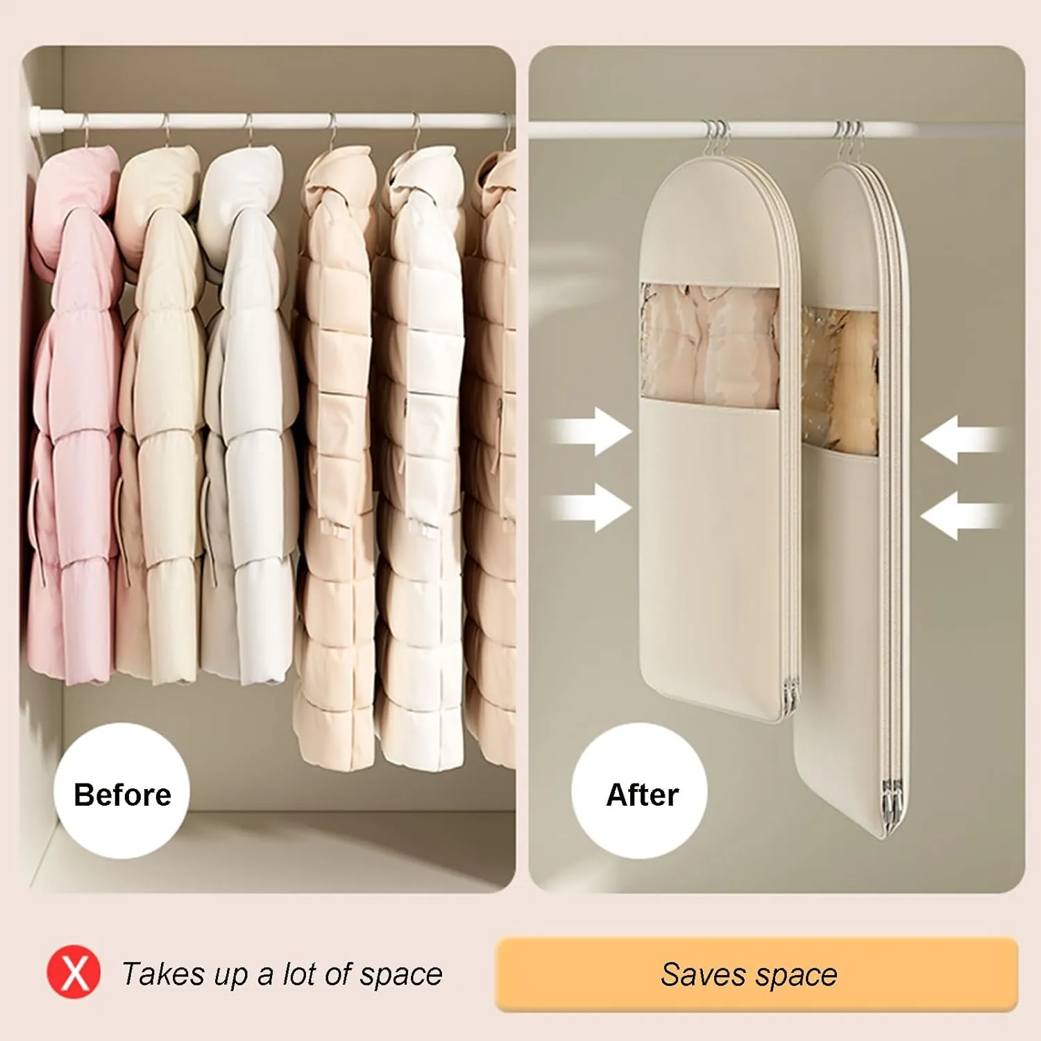 Space Saving Hanging Garment Bag With Self Compression Zipper for Travel And Storage, Compression Storage Bag, Dust-proof Protector Cover Clothes Bags for Down Coat(Pink,130x58x15cm)