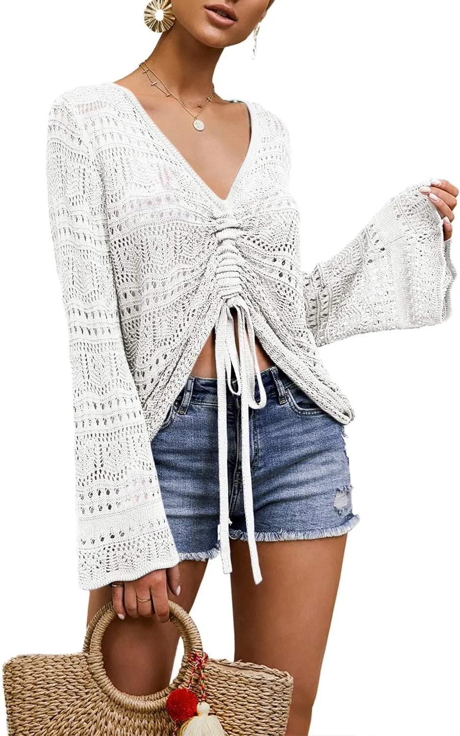 Spicy Sandia Women's Crochet Tops Tie Front Summer Sweater Bell Sleeve Boho Tops Beach Vacation Outfit Swimsuit Cover Up