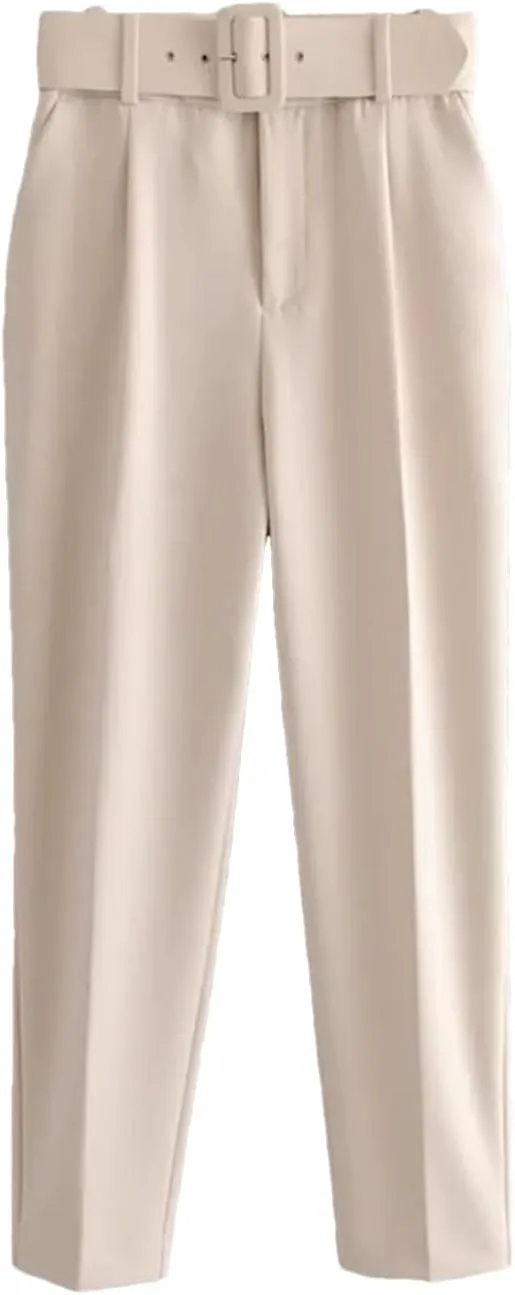 Spring Women Straight Harem Pants Belt Casual Ankle Length Elegant Pleated Trousers