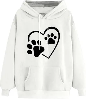 Stessotudo Heart Print Hoodies for Women Drawstring Long Sleeve Cute Sweatshirt Paw Print Plus Size Oversized Graphic Tops
