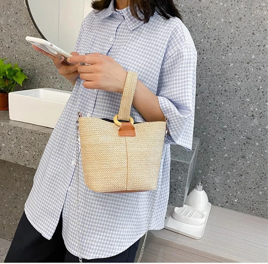 Straw Bag Versatile Crossbody Bucket Bag Fresh Handbag Woven Bag Forest Beach Straw Bag Women Woven Shoulder Bag