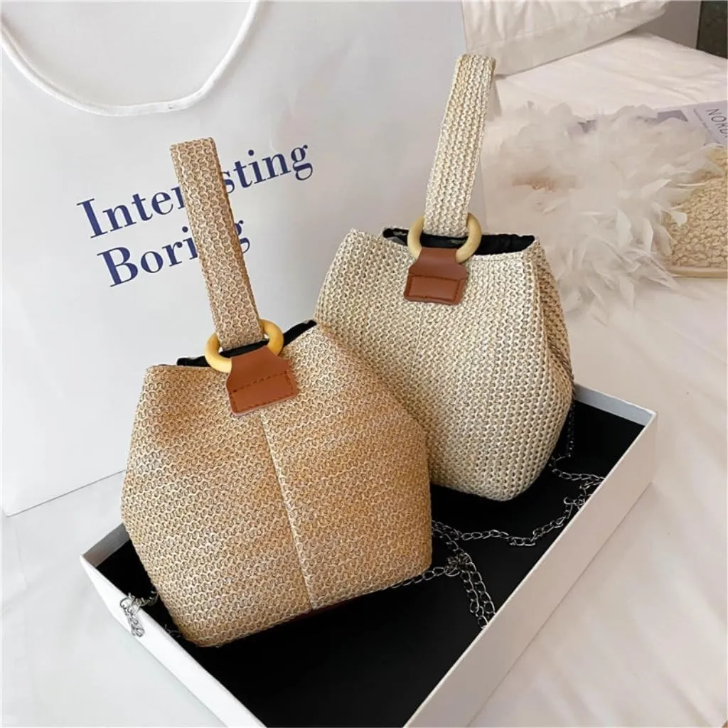 Straw Bag Versatile Crossbody Bucket Bag Fresh Handbag Woven Bag Forest Beach Straw Bag Women Woven Shoulder Bag