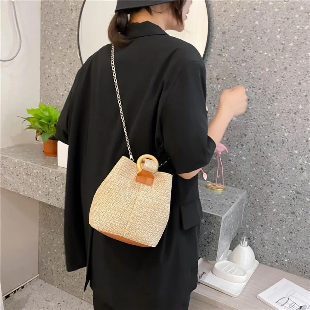 Straw Bag Versatile Crossbody Bucket Bag Fresh Handbag Woven Bag Forest Beach Straw Bag Women Woven Shoulder Bag