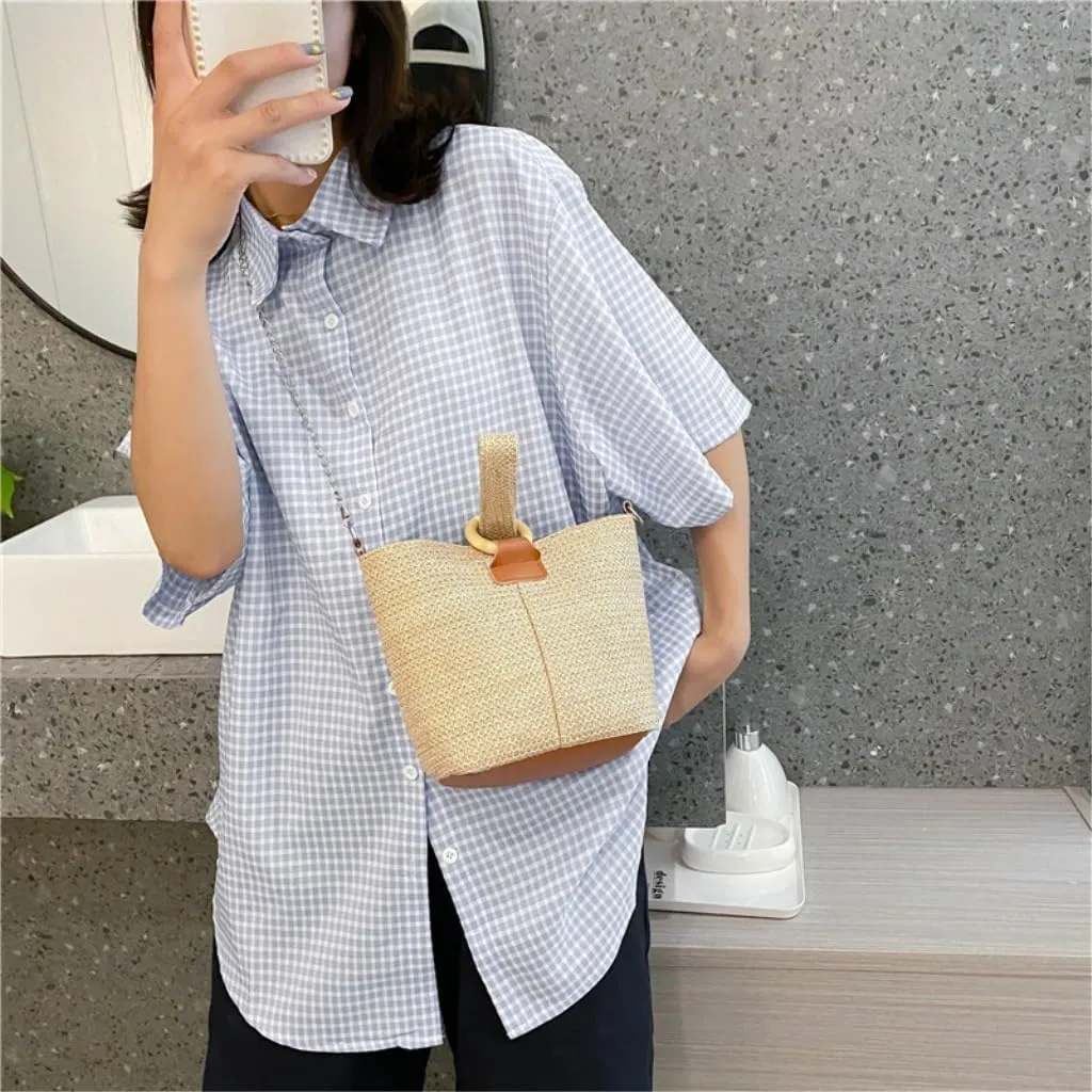 Straw Bag Versatile Crossbody Bucket Bag Fresh Handbag Woven Bag Forest Beach Straw Bag Women Woven Shoulder Bag