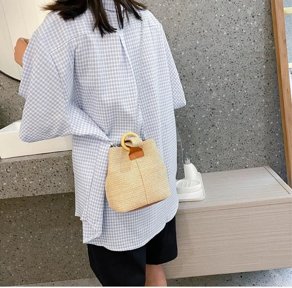Straw Bag Versatile Crossbody Bucket Bag Fresh Handbag Woven Bag Forest Beach Straw Bag Women Woven Shoulder Bag