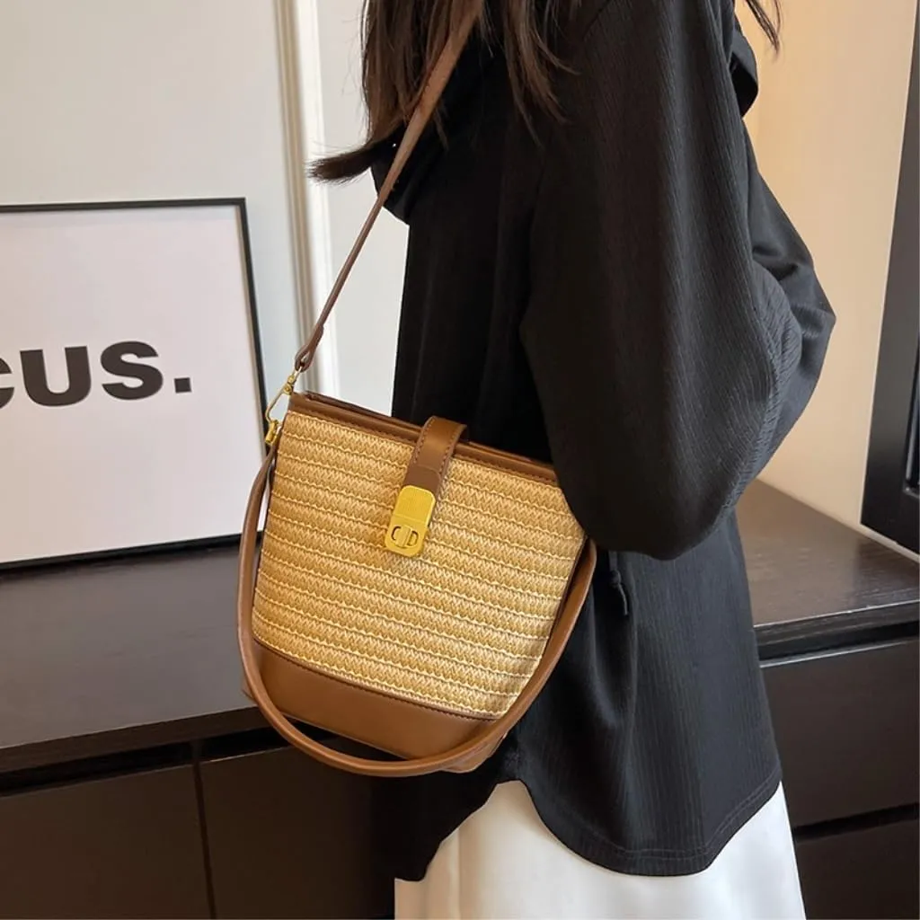 Straw Bag Woven Straw Bag Women 2023 New Shoulder Bag Summer Versatile Portable Bucket Bag Straw Beach Bag