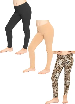 STRETCH IS COMFORT Girl's Cotton Footless Leggings Set of 3 Pieces | Stretchy | Size 2-14