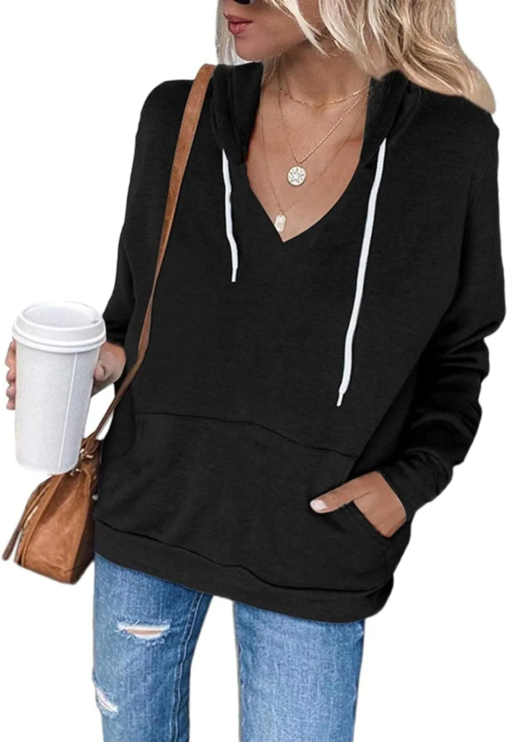 Sweatshirt for Women Fall Jacket Oversized Casual Zip Up Drawstring Hoodie w Pockets Long Sleeve Solid Outerwear Tops