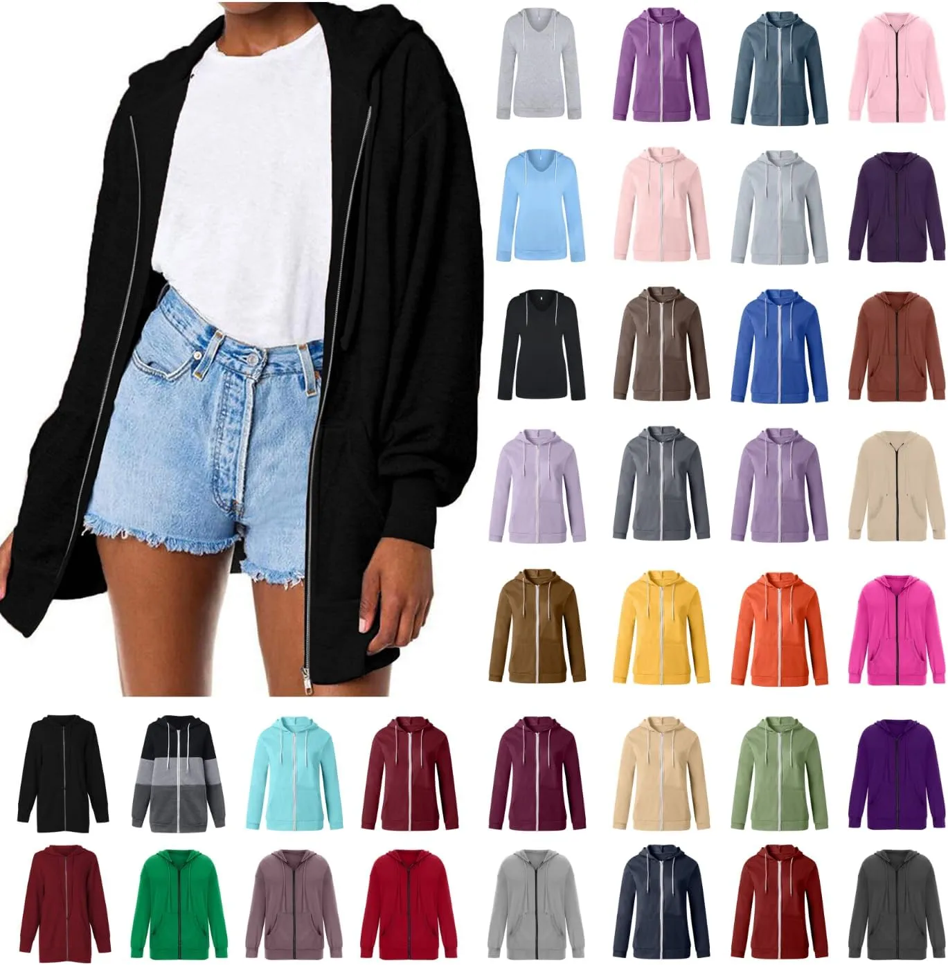 Sweatshirt for Women Fall Jacket Oversized Casual Zip Up Drawstring Hoodie w Pockets Long Sleeve Solid Outerwear Tops