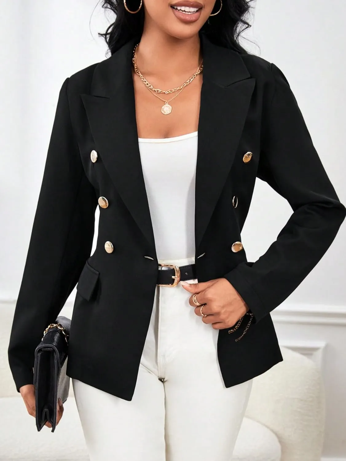 SweatyRocks Women's Elegant Long Sleeve Lapel Neck Blazer Double Breasted Button Solid Jackets