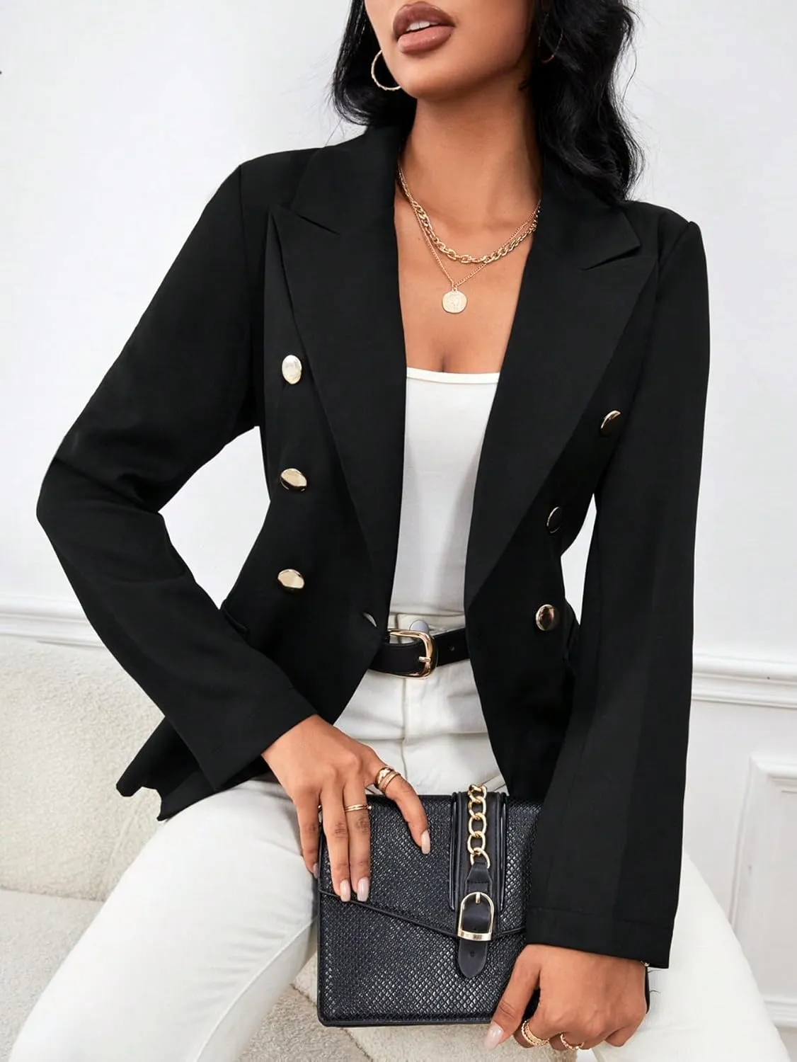 SweatyRocks Women's Elegant Long Sleeve Lapel Neck Blazer Double Breasted Button Solid Jackets