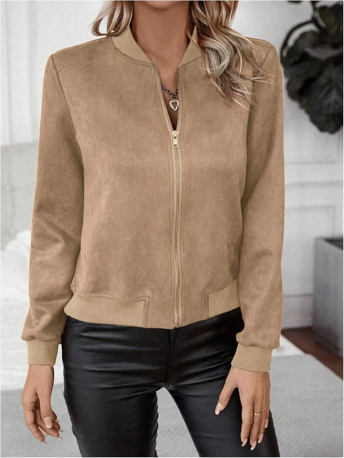 SweatyRocks Women's Faux Suede Short Bomber Jacket Coat Stand Collar Lightweight Zip Up Fashion Outerwear Tops