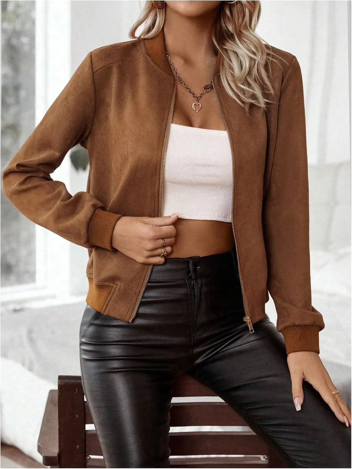 SweatyRocks Women's Faux Suede Short Bomber Jacket Coat Stand Collar Lightweight Zip Up Fashion Outerwear Tops